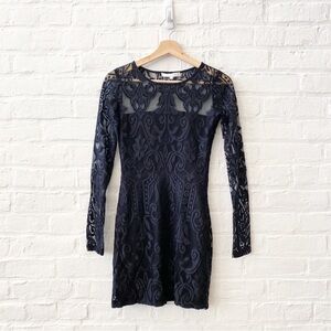 Alexis || Long Sleeve Lace Mini Dress Sheer Back Cocktail LBD Black XS
